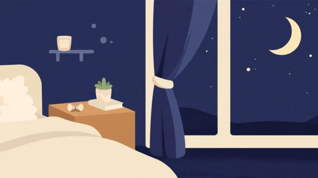睡眠用耳栓のイラスト（寝室と月）